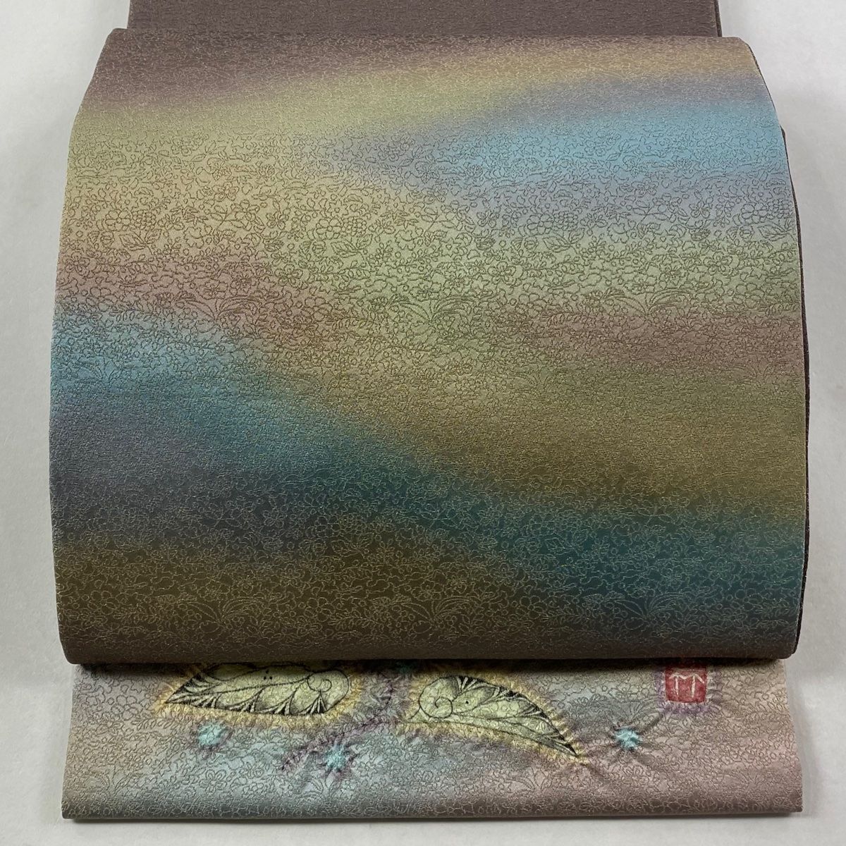 袋帯 久保田一竹工房 落款 霞 金通し 灰紫 お太鼓柄 正絹