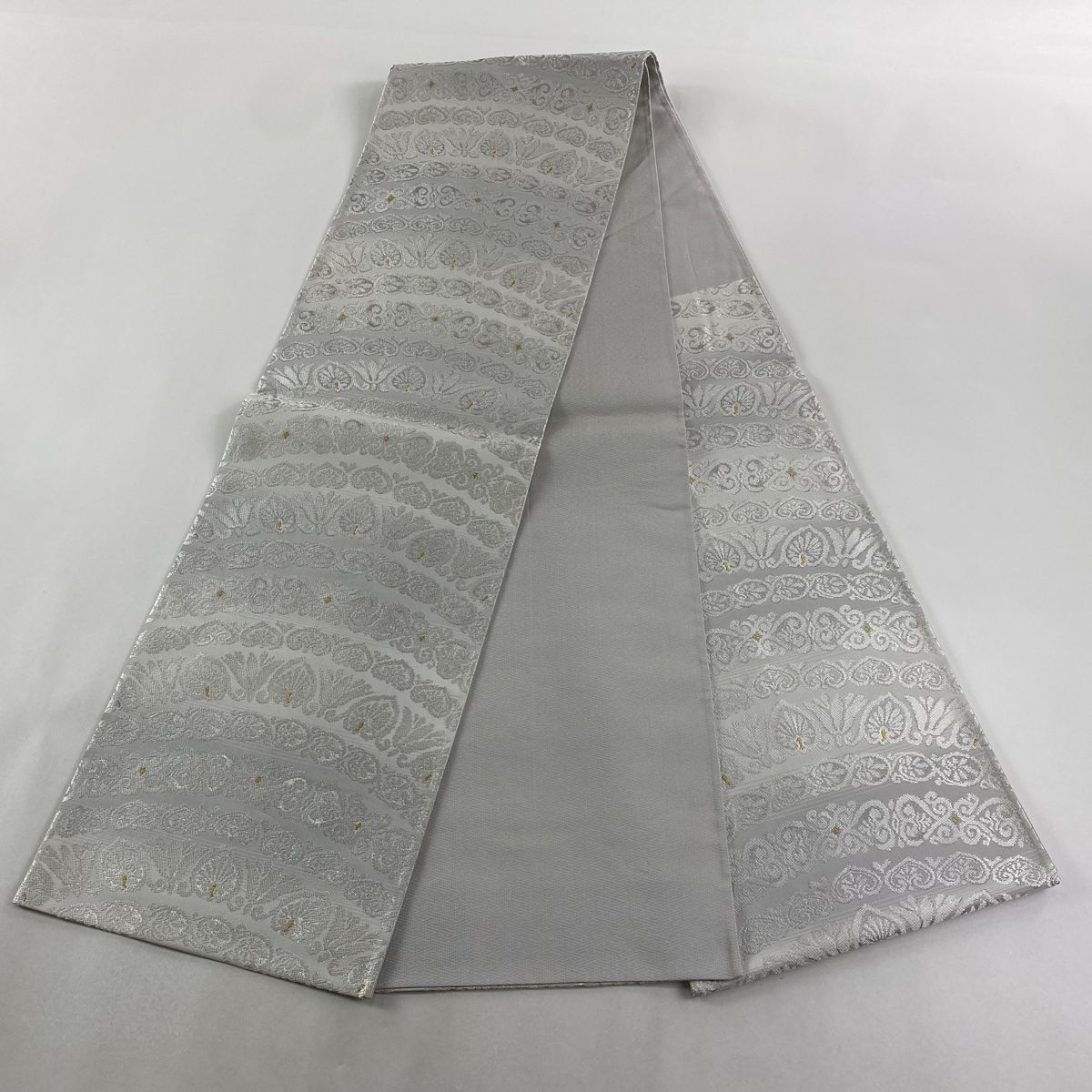  袋帯 洛陽織物 落款 水麗 草花 箔 金糸 灰色 六通 正絹 袋帯 帯