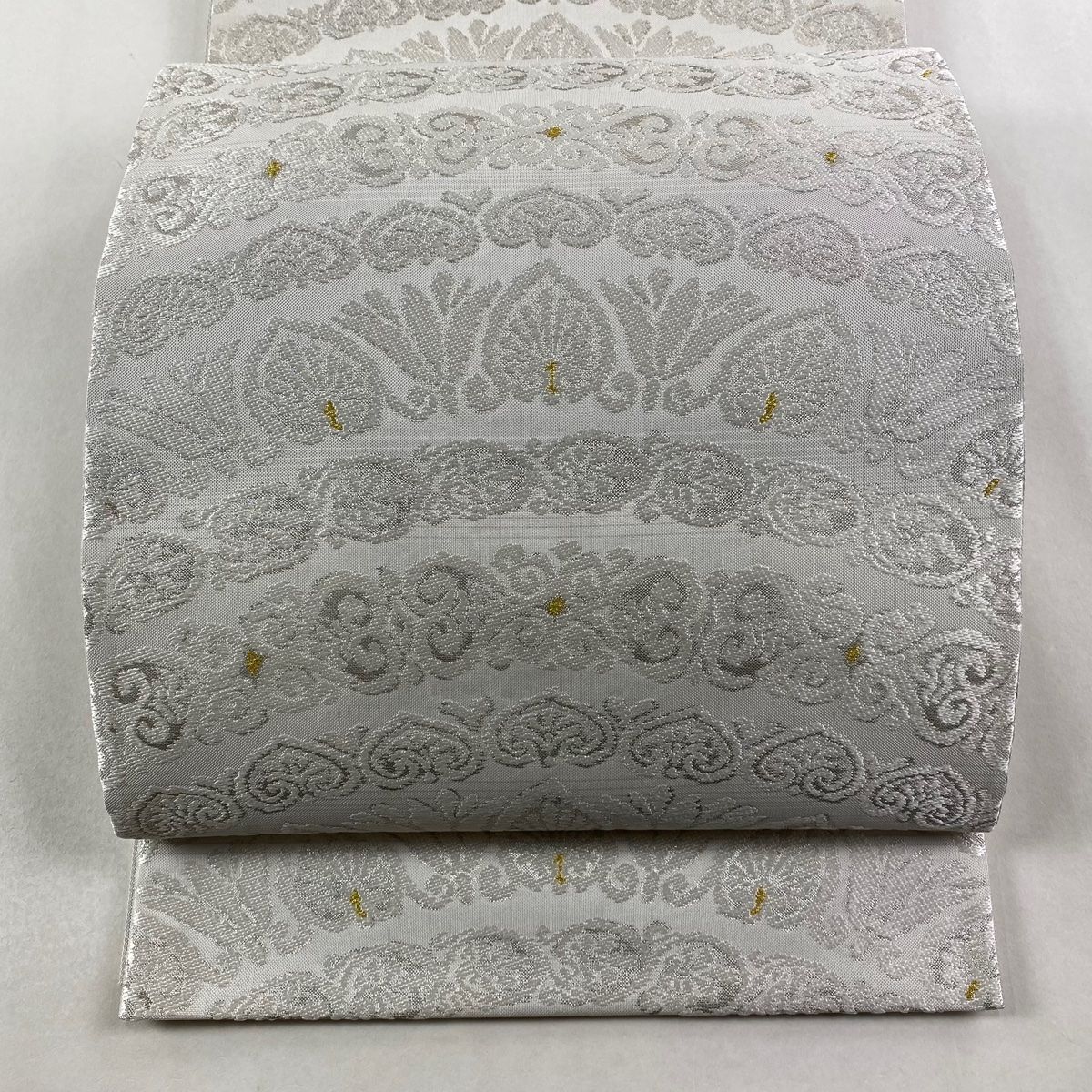 袋帯 洛陽織物 落款 水麗 草花 箔 金糸 灰色 六通 正絹