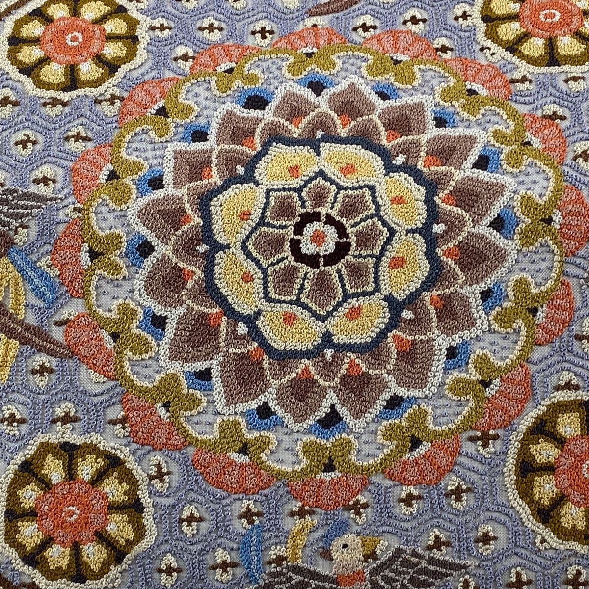 袋帯 華文 鳥 相良刺繍 灰色 お太鼓柄 正絹