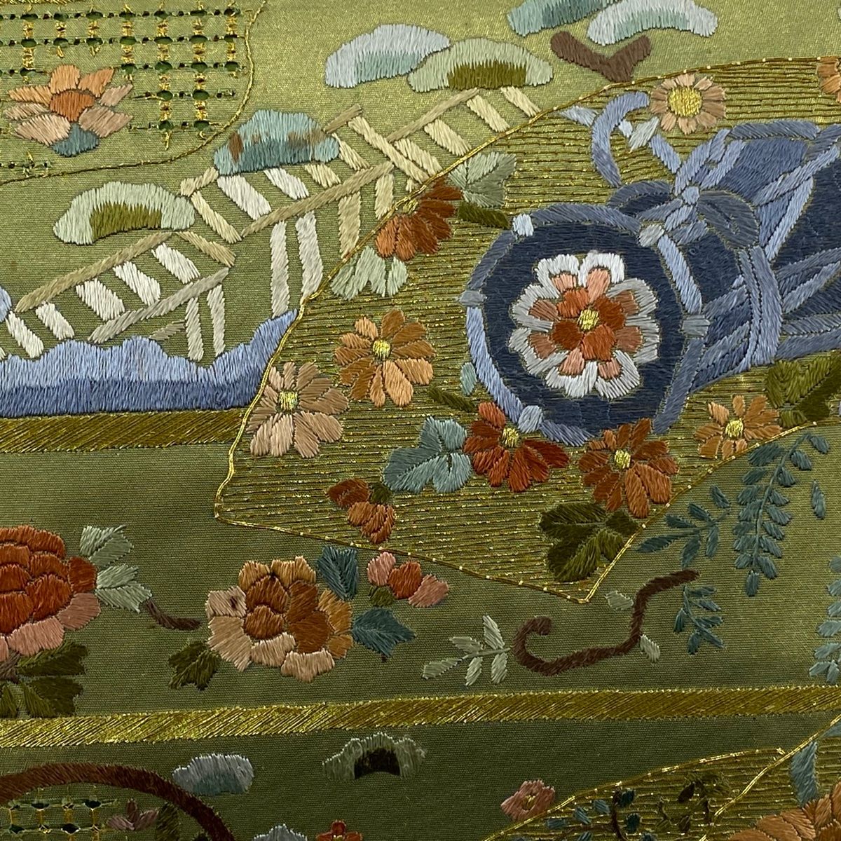 袋帯 扇面 鼓 刺繍 金糸 黄緑色 六通 正絹