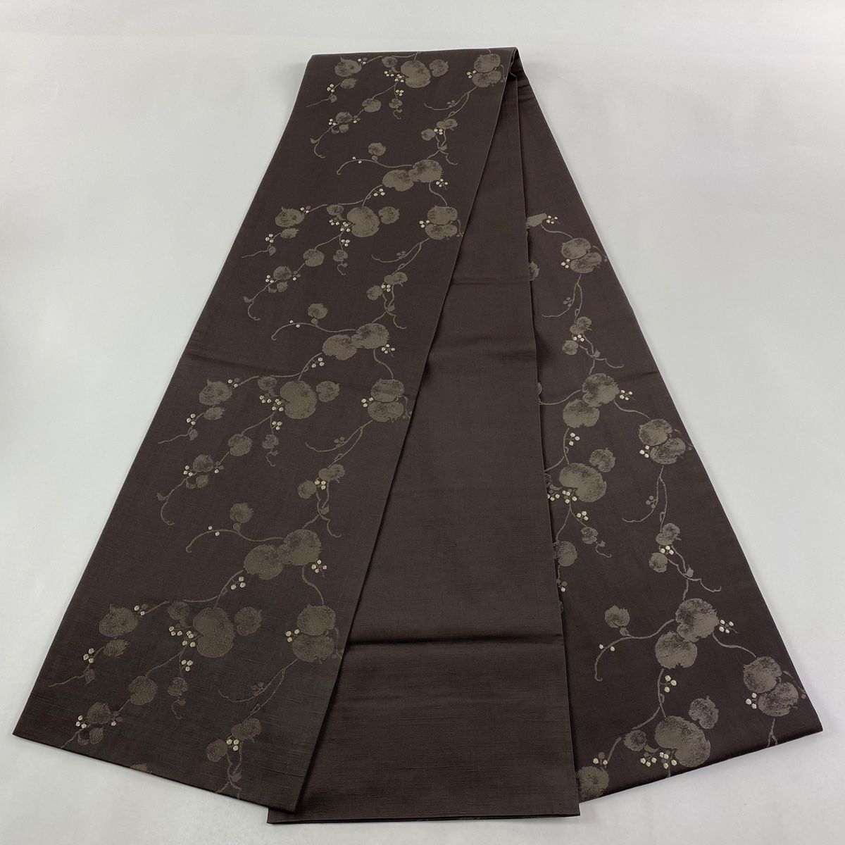  袋帯 加納幸 落款 紬地 葉と実 金糸 焦茶色 全通 正絹 袋帯 帯