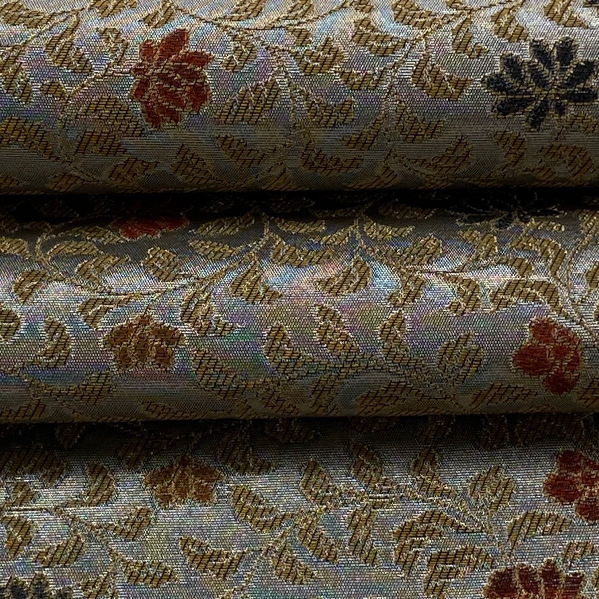  袋帯 紋屋井関 落款 御寮織 草花 金銀糸 箔 銀色 六通 正絹 袋帯 帯