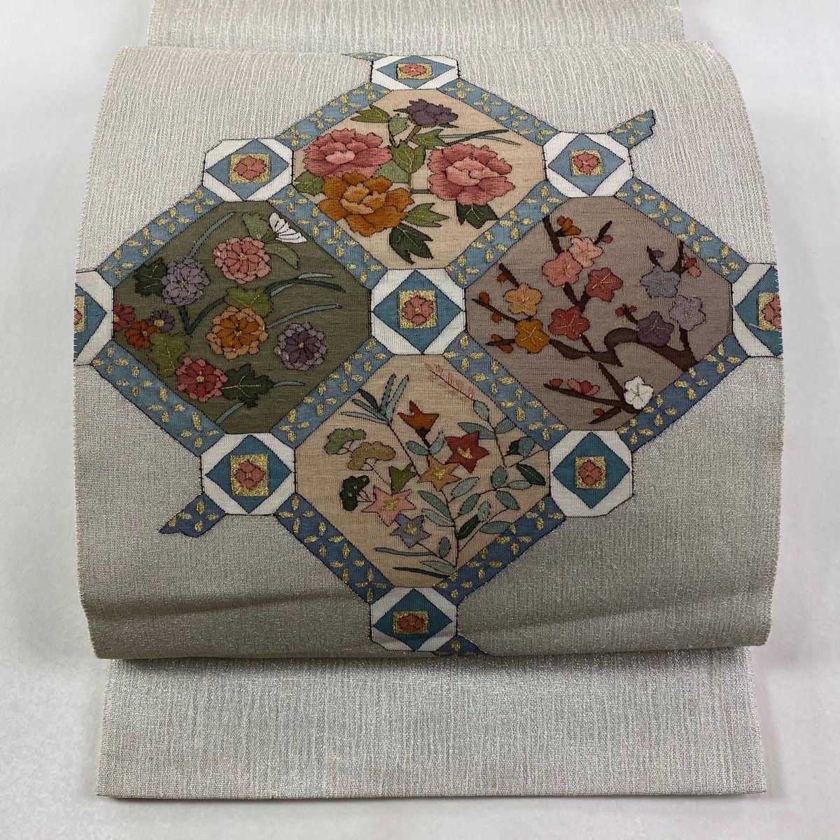 袋帯 夏帯 秋草 枝梅 金銀糸 銀色 お太鼓柄 正絹