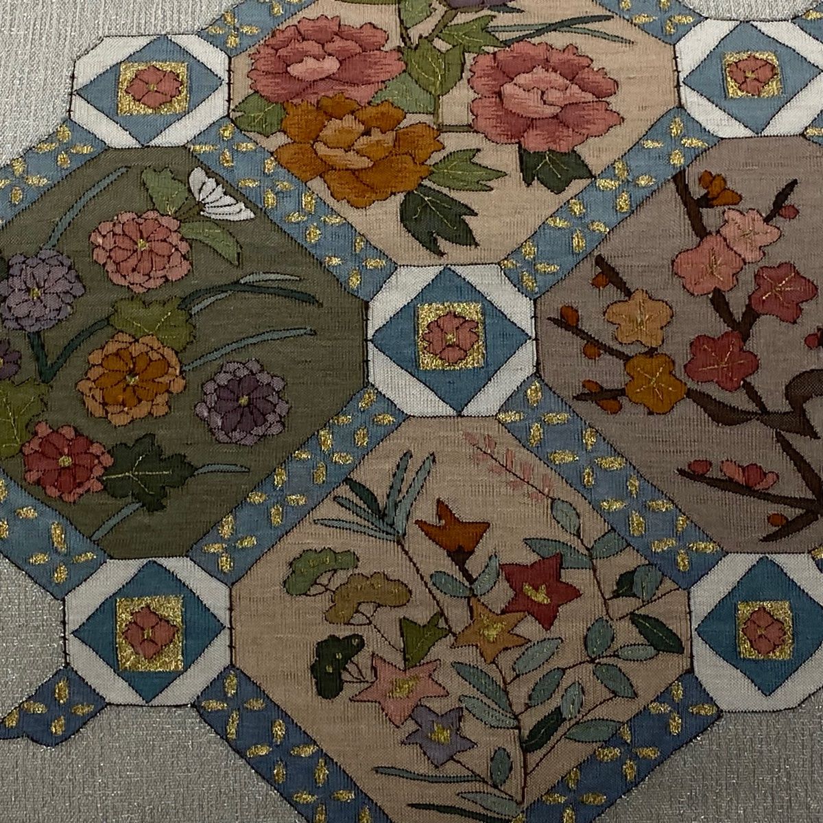 袋帯 夏帯 秋草 枝梅 金銀糸 銀色 お太鼓柄 正絹