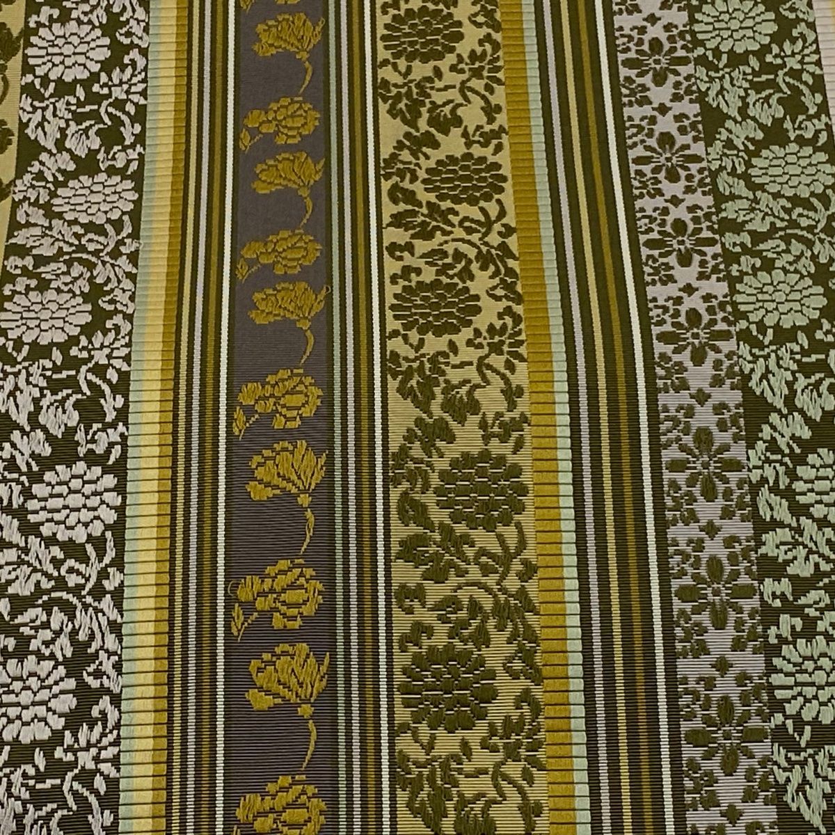 袋帯 落款 一木考厚 花唐草 縞 茶緑色 全通 正絹