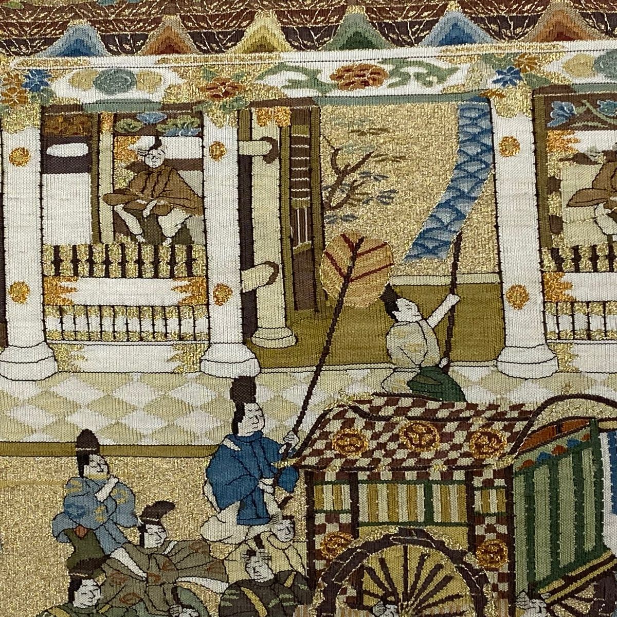 袋帯 建物 人物 金糸 金色 お太鼓柄 正絹