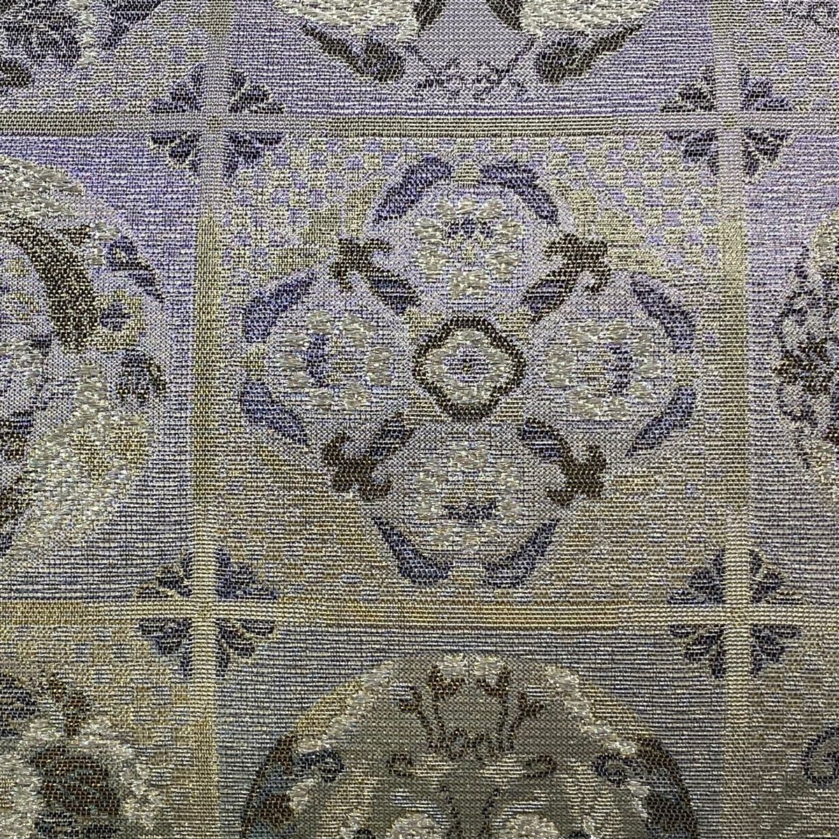 袋帯 佐波理 落款 市松 向かい鳥 銀糸 箔 銀色 六通 正絹