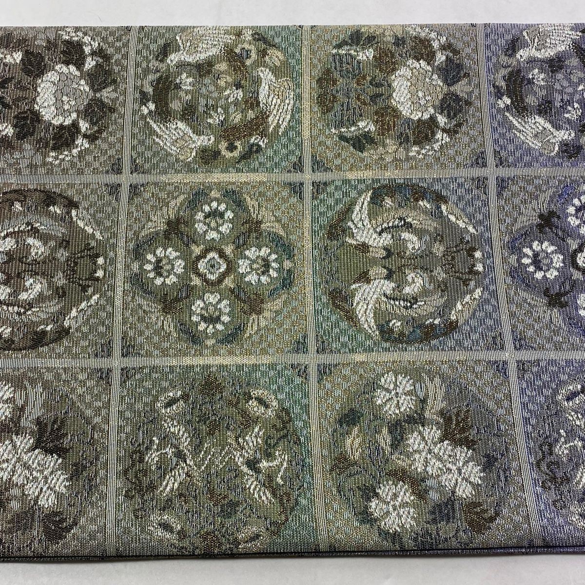  袋帯 佐波理 落款 市松 向かい鳥 銀糸 箔 銀色 六通 正絹 袋帯 帯