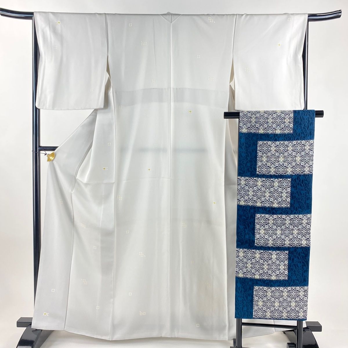 小紋 身丈163 cm 裄丈65.5 M 袷 名古屋帯セット 七宝 金彩 灰白 正絹 秀品