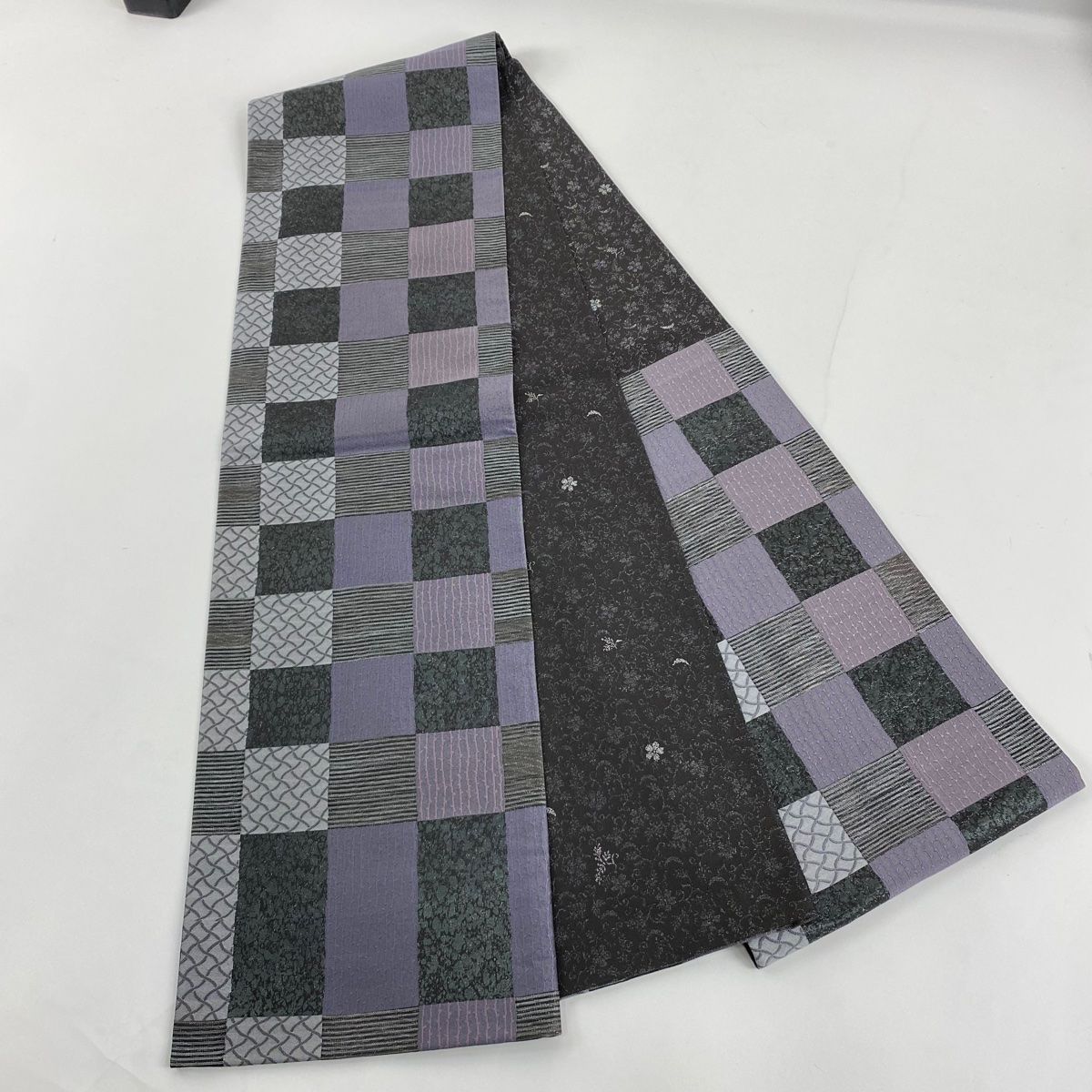  付下げ 身丈158.5 cm 裄丈64 M 袷 袋帯セット 縞 幾何学模様 銀彩 ぼかし 濃紫 正絹 秀品 訪問着 付け下げ 着物