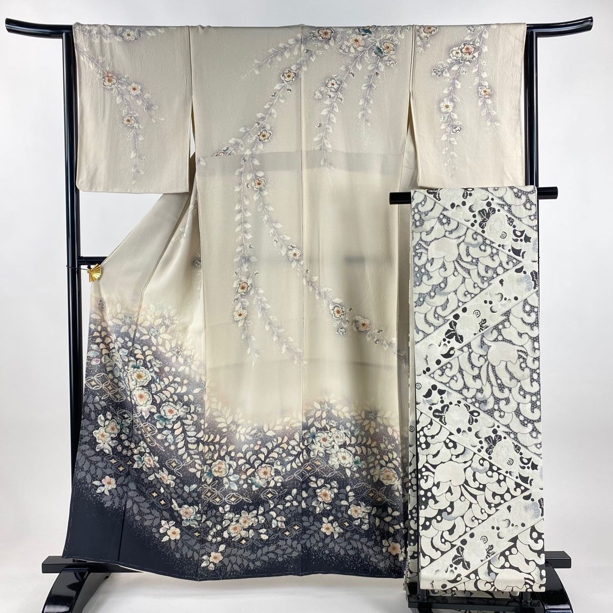 訪問着 身丈160 cm 裄丈63 S 袷 袋帯セット 落款 辻が花柄 染め分け 絞り ベージュ 正絹