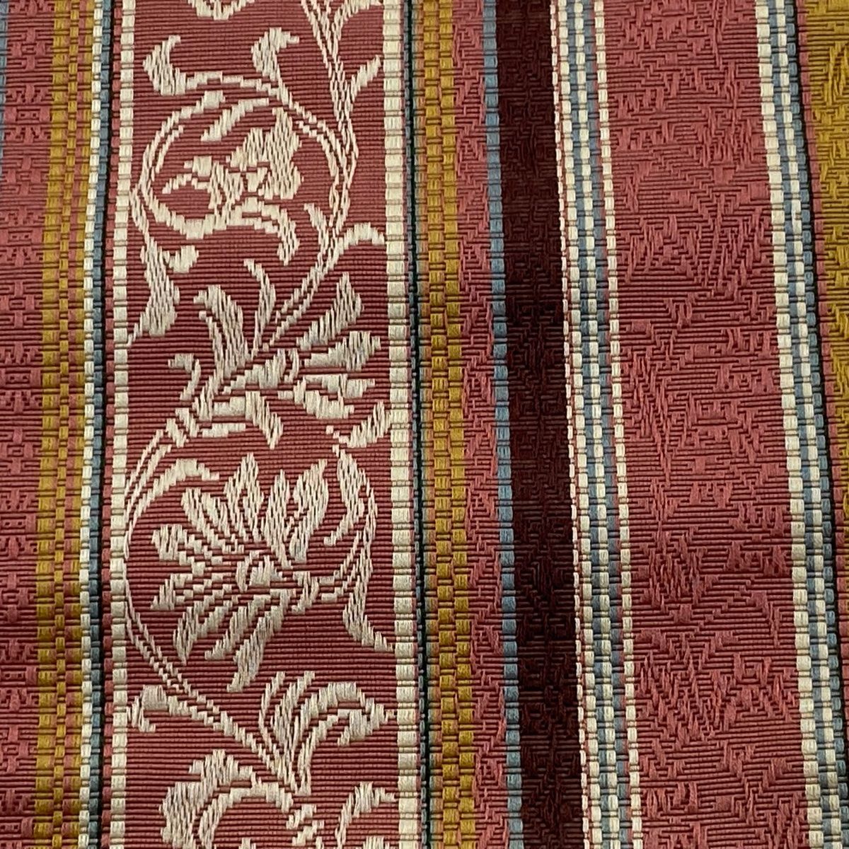 半幅帯 秀品 証紙 本場筑前博多織 縞 花唐草 ピンク 正絹