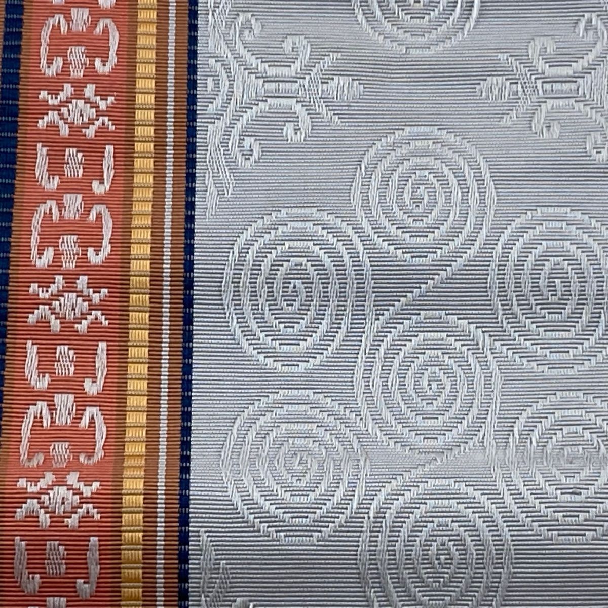 半幅帯 秀品 証紙 本場筑前博多織 ポケット付 縞 幾何学模様 サーモンピンク 正絹