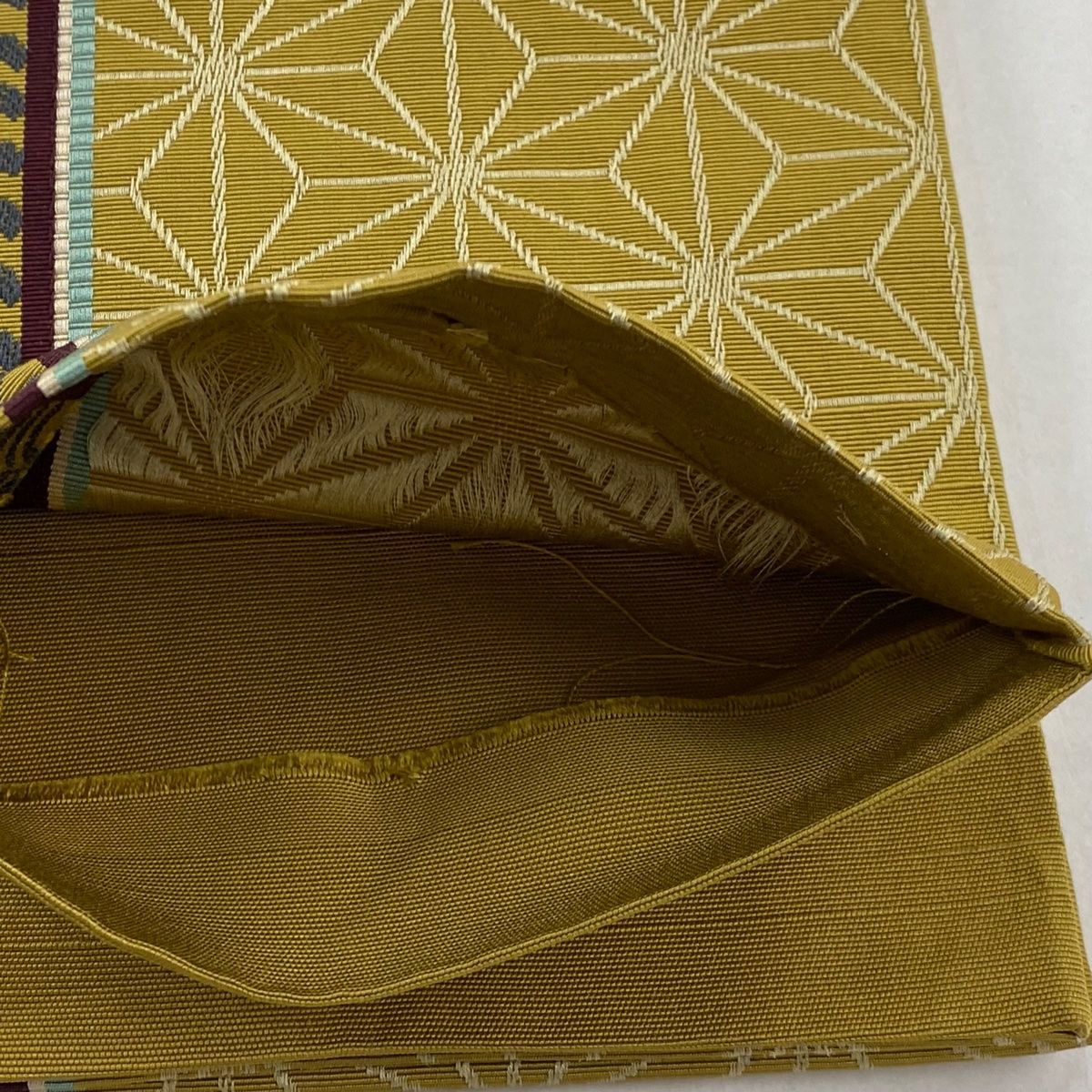  半幅帯 秀品 ポケット付 麻の葉 縞 茶緑色 正絹 半巾 半幅 小袋帯 帯