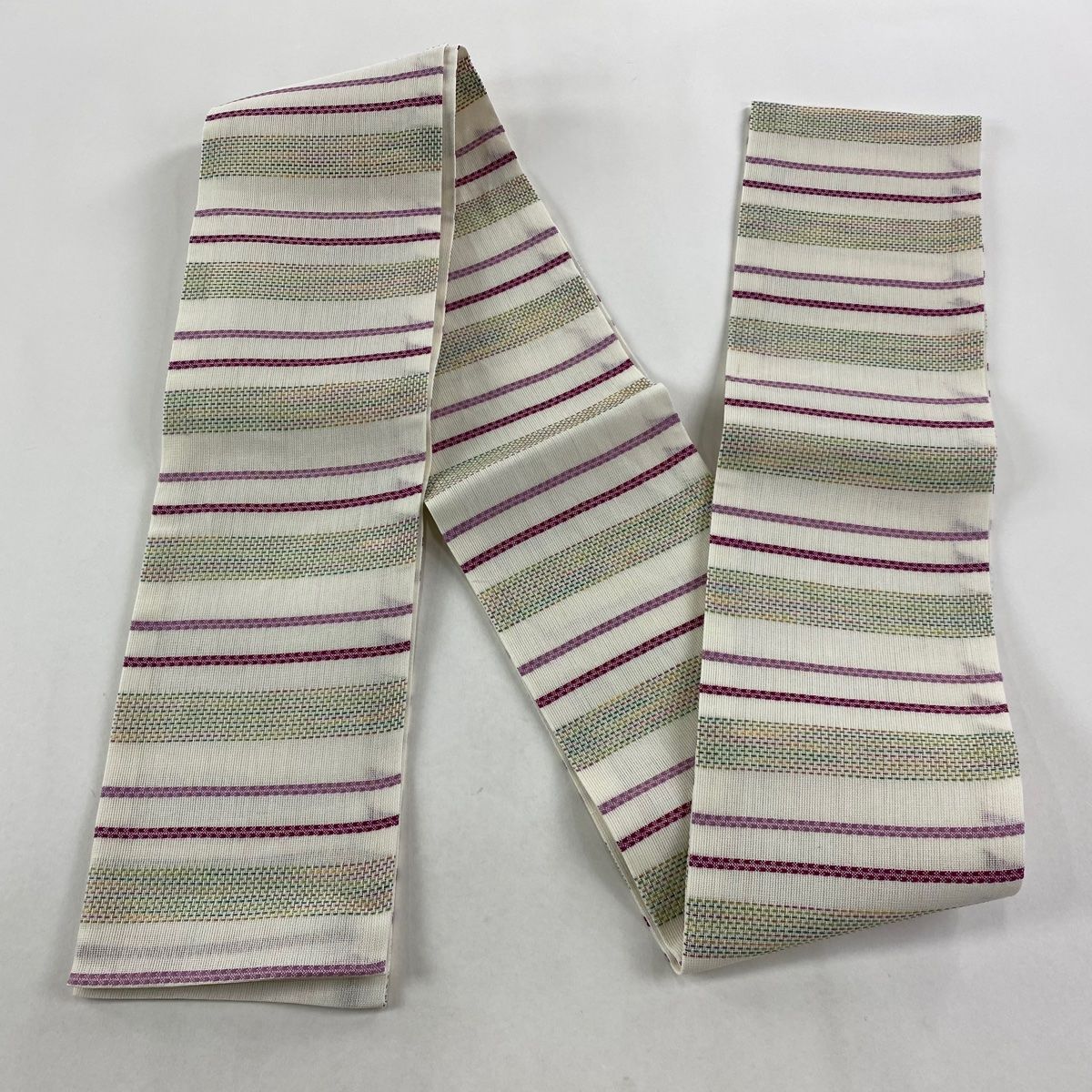  半幅帯 優品 夏帯 撫松庵 横段 縞 クリーム 麻 半巾 半幅 小袋帯 帯