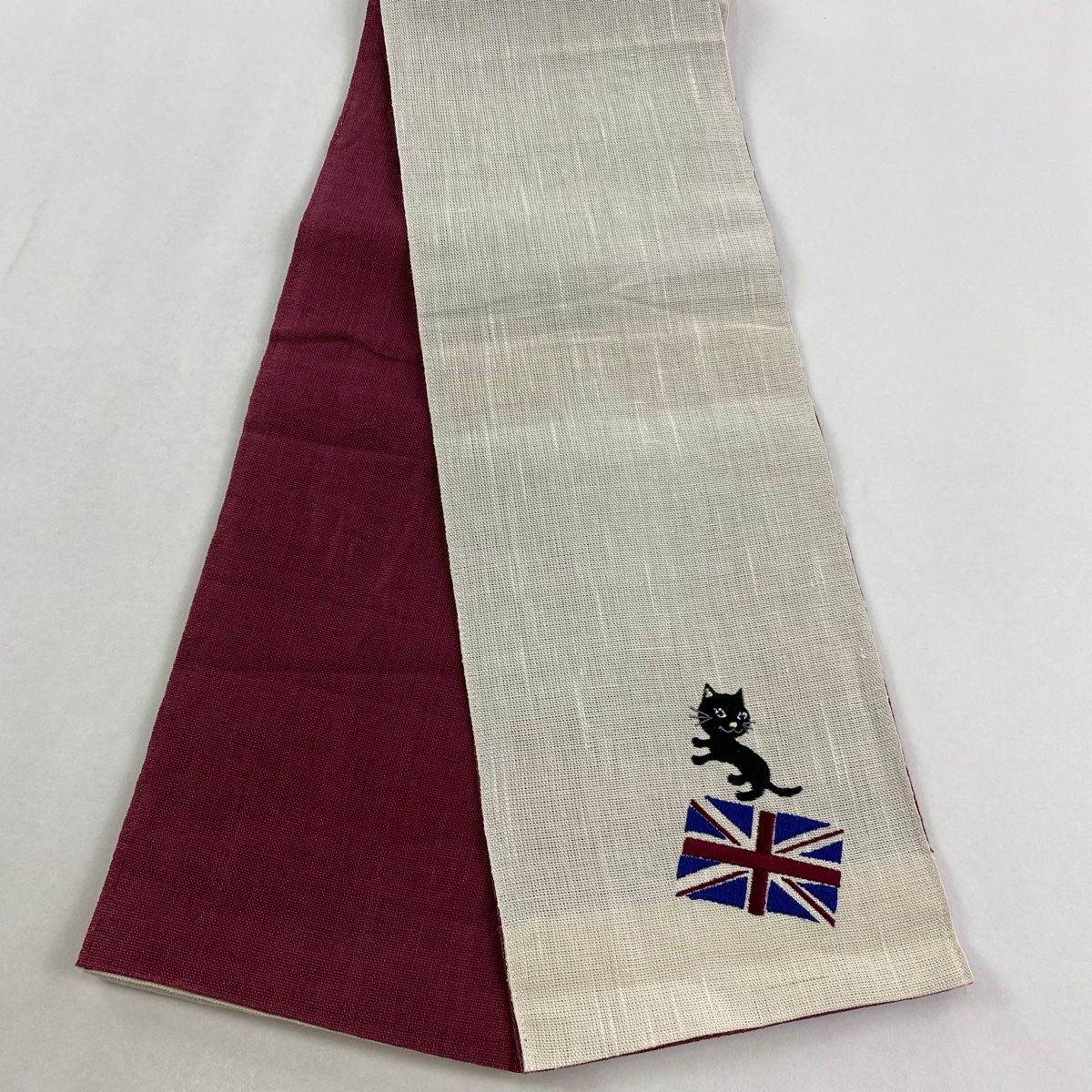 半幅帯 優品 夏帯 黒猫 国旗 クリーム 麻
