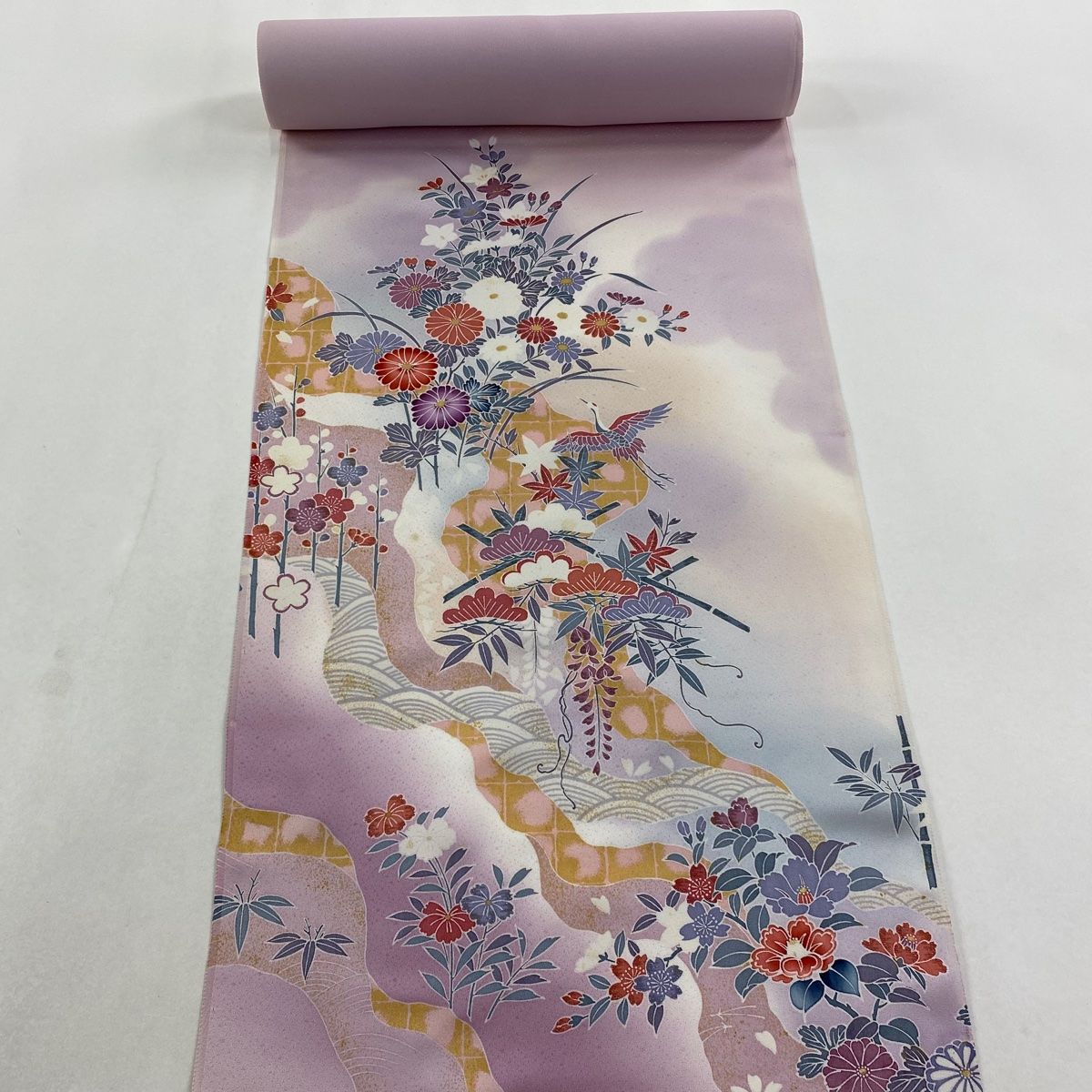 反物 秀品 付け下げ 松竹梅 鶴 ラメ 金彩 薄ピンク 正絹