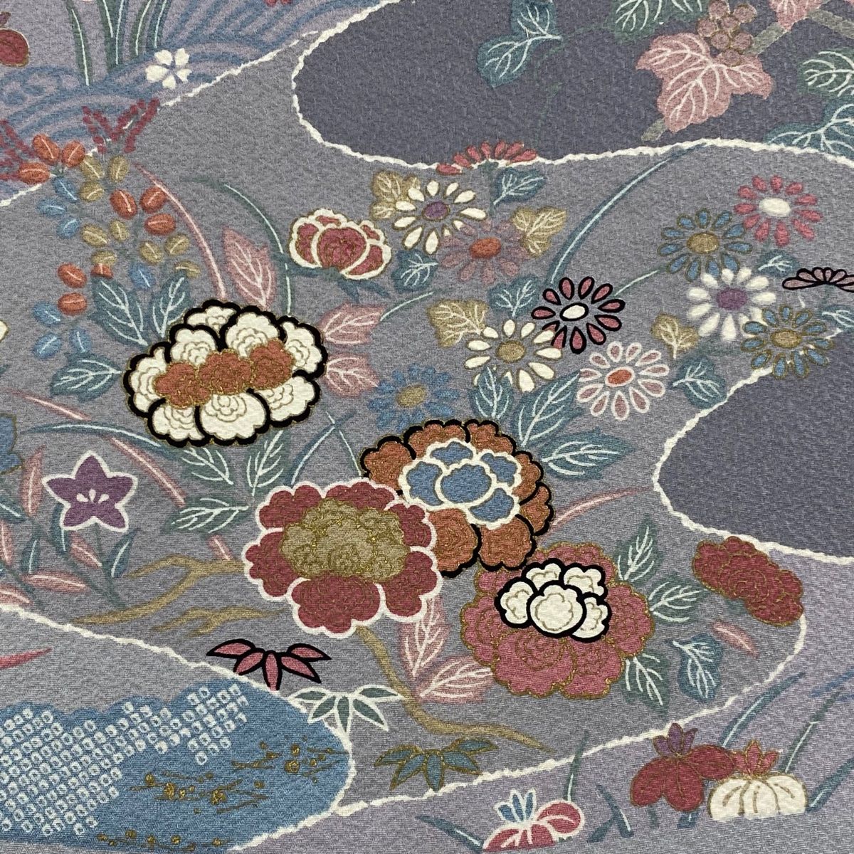 反物 秀品 小紋 草花 葡萄 金彩 灰色 正絹