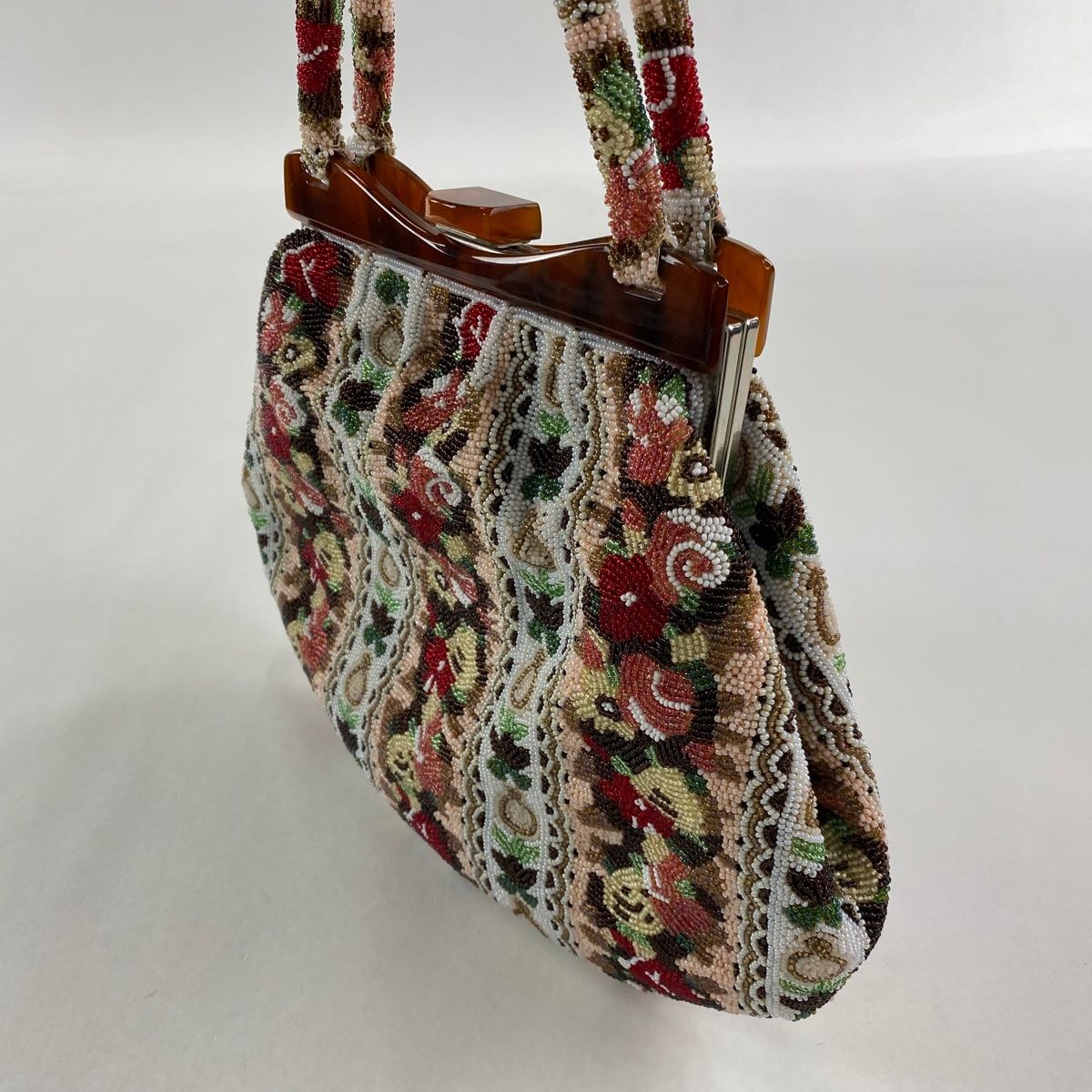 和装バッグ 秀品 ビーズバッグ フォーマル 草花 ピンク ビーズ 和装小物