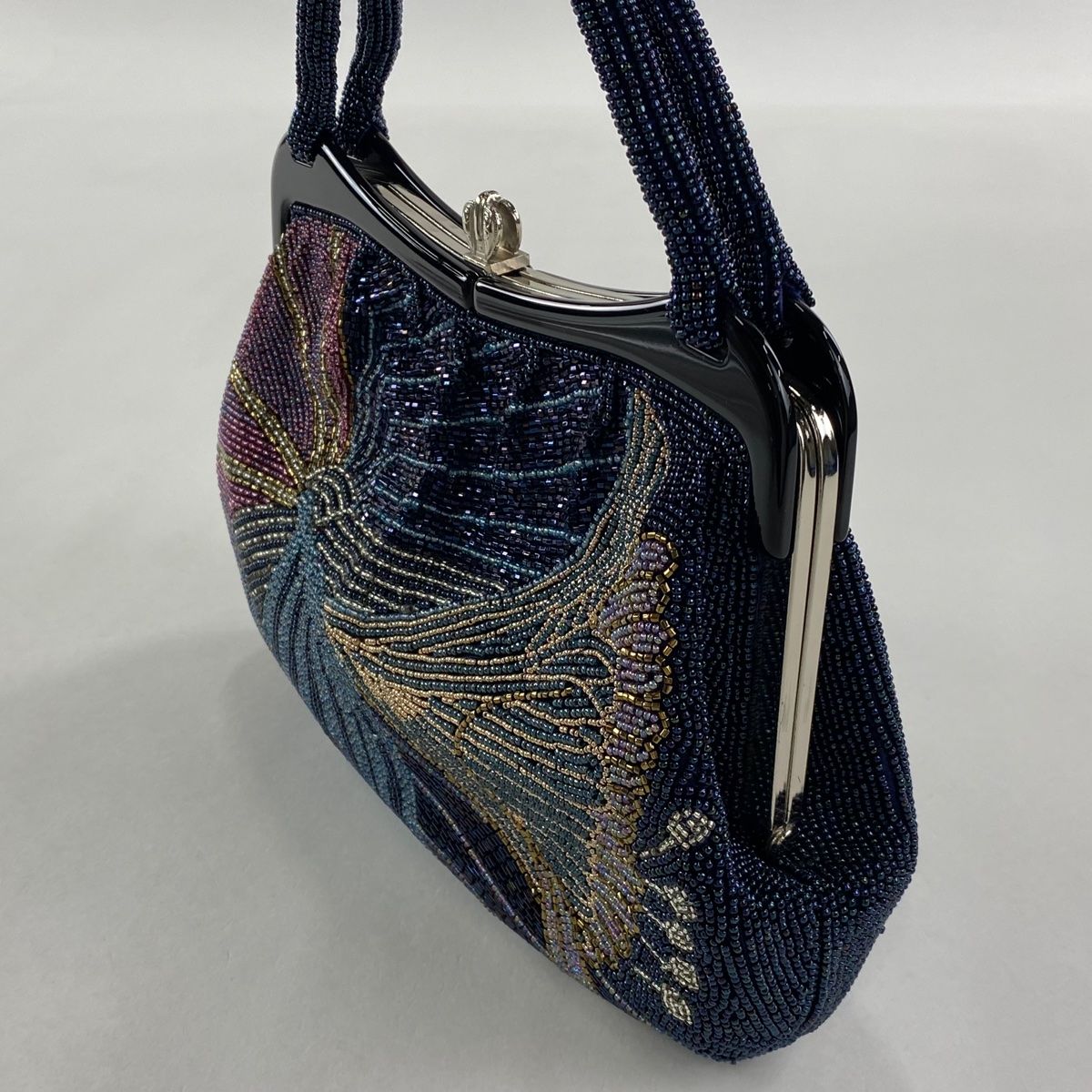 和装バッグ 秀品 ビーズバッグ フォーマル 花 青紫 ビーズ 和装小物