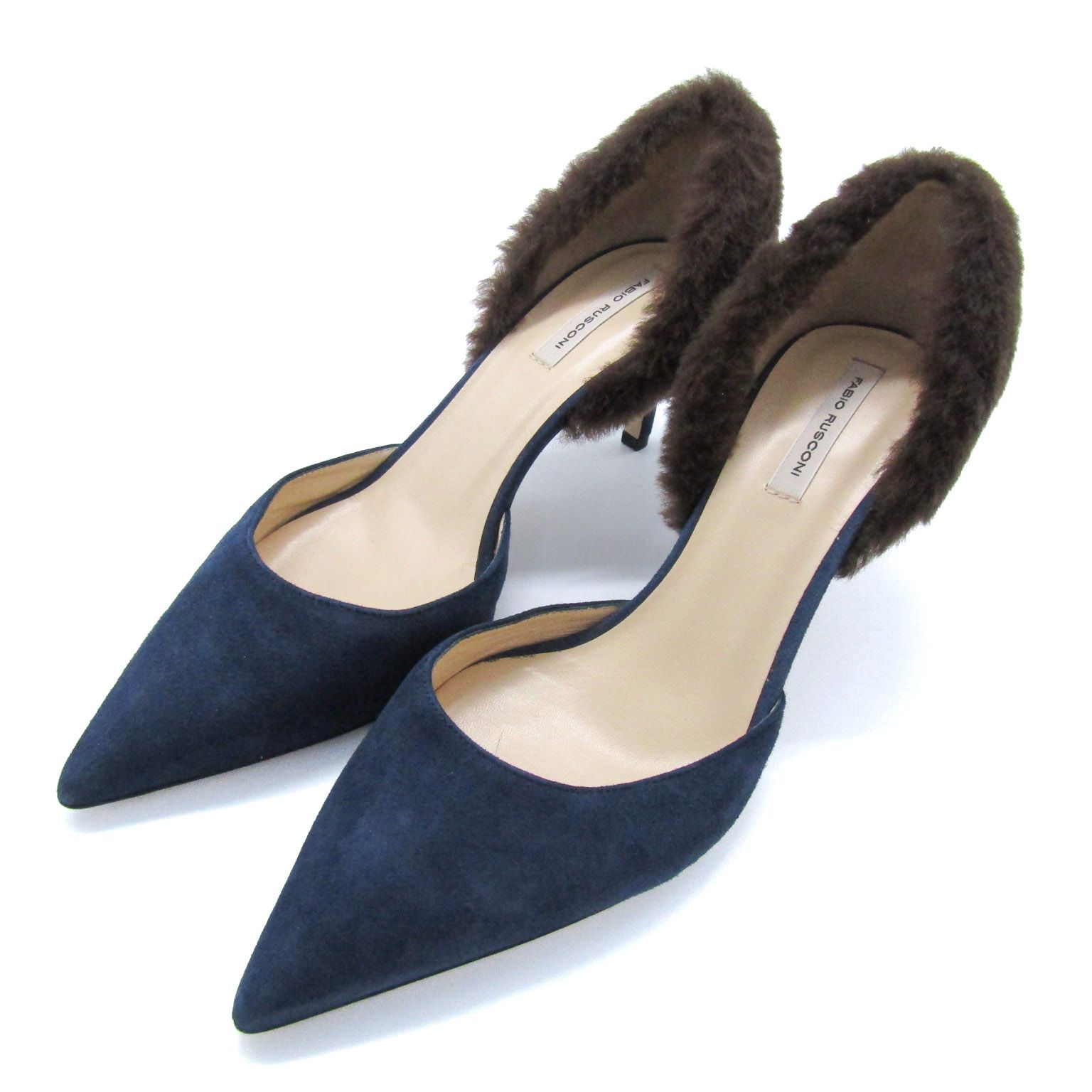 ファビオルスコーニ セパレートパンプス ファー シューズ 本革 レザー 靴 伊製 レディース ブルー×ブラウン FABIO RUSCONI