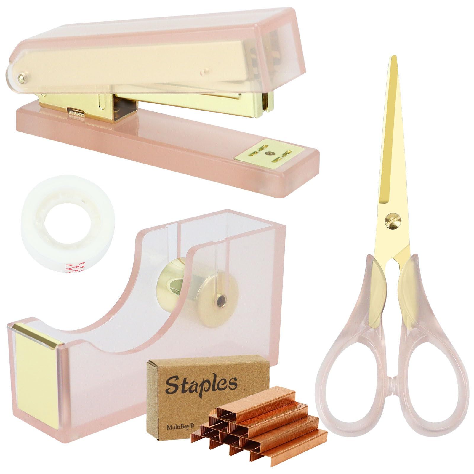 Buqoo 1インチ コア クリア アクリル ピンクゴールド テープディスペンサー 高耐久 ホッチキス 950個 24 6 26 6 ローズゴールド ステープル付き 文房具デスクセット 学校 自宅 N Pink-G