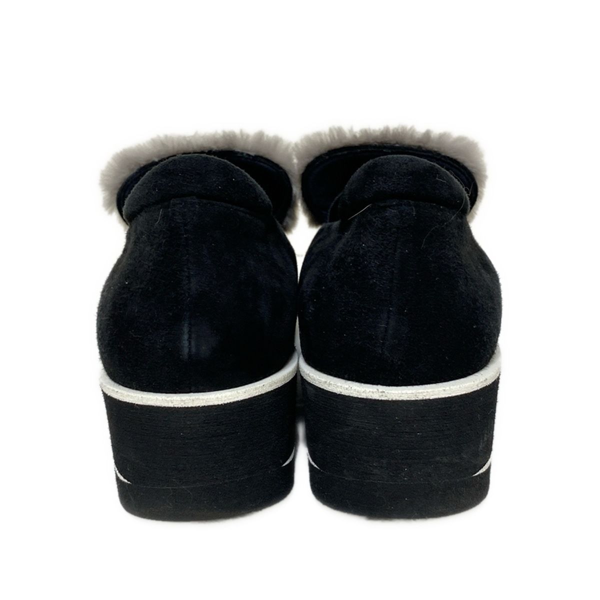  オセアニカ スリッポン 24 レディース - 黒×ライトグレー ウェッジソール ファー その他 靴