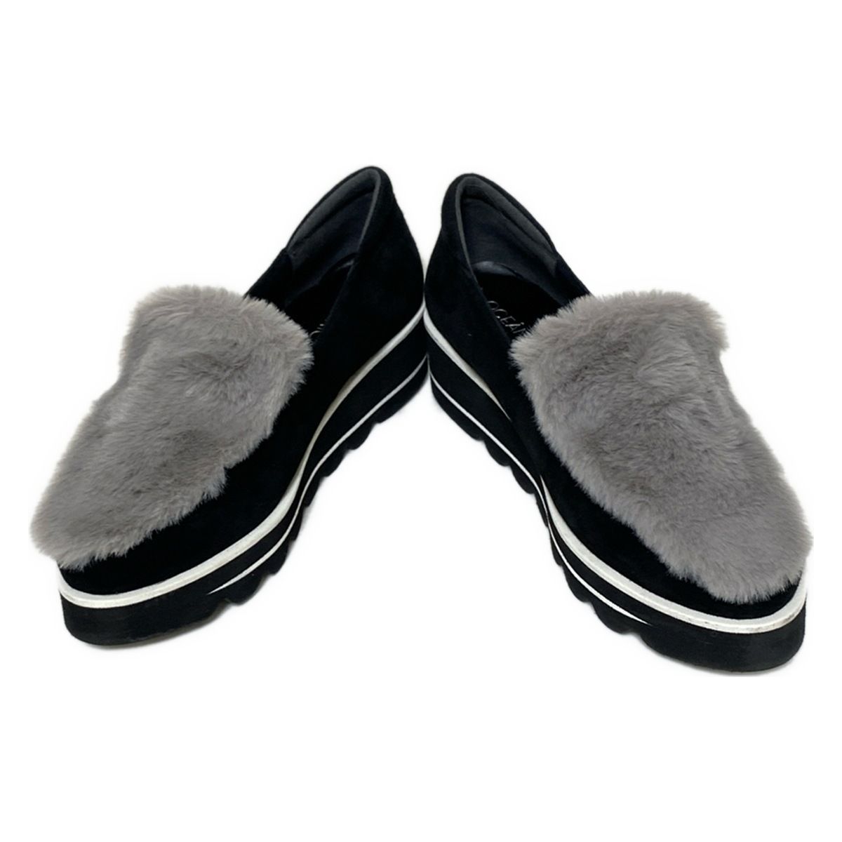 オセアニカ スリッポン 24 レディース - 黒×ライトグレー ウェッジソール ファー