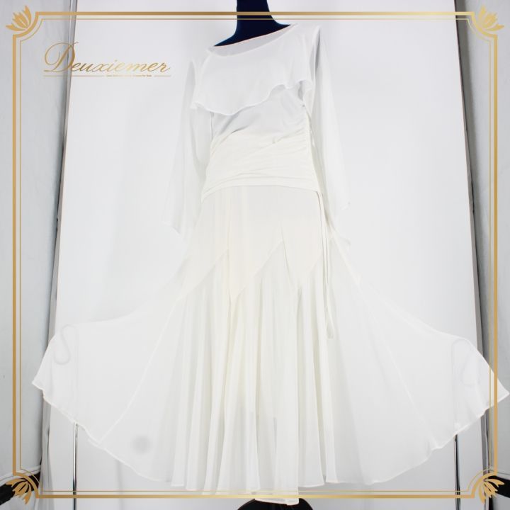 社交ダンス 衣装 上下セット ツーピース パーティ衣装 女性用 オールシーズン Create-Sun クリエイトサン ホワイト系 白 薄手 伸縮性あり ウエストゴム 清潔感 オールホワイト 上品 モダン スタイリッシュ フォーマル カジュアル