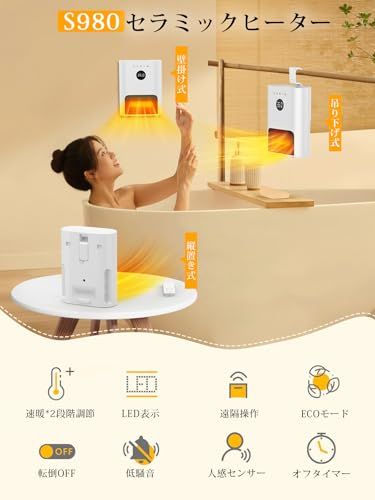 ヒーター 壁掛け 人感センサー付き ECOモード 2秒速暖 3way使用 セラミックヒーター 能 暖房器具 吊り下げ式 脱衣所ヒーター 4w 600w 2段階調整 1-12Hタイマー機能 リモコン付き ディスプレイ表示 切り忘 4de97568