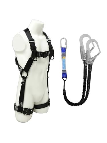 フルハーネス安全帯 新規格 セット 墜落制止用器具 伸縮式ランヤード2丁掛け ショックアブソーバー付き ワンタッチバックル 安全落下全身保護キット サイズ調整 建設 電力 高所作業用 日本語説明書 ブラッ 26075 cf 2