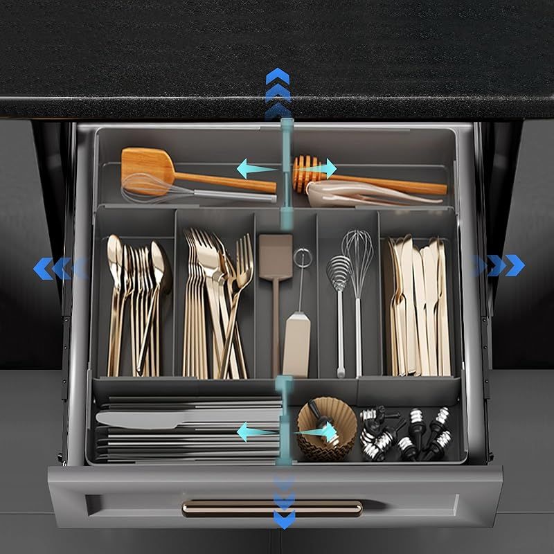 ★注目商品★ママ倉 カトラリーケース (伸縮 調節可能） カトラリートレー 4面伸縮 引き出し 伸縮仕切りX2 お手入れ簡単 キッチン収納 引き出し W27~50×D27~50×H4.8 取外し可能 カトラリー 収納 ブラック 0