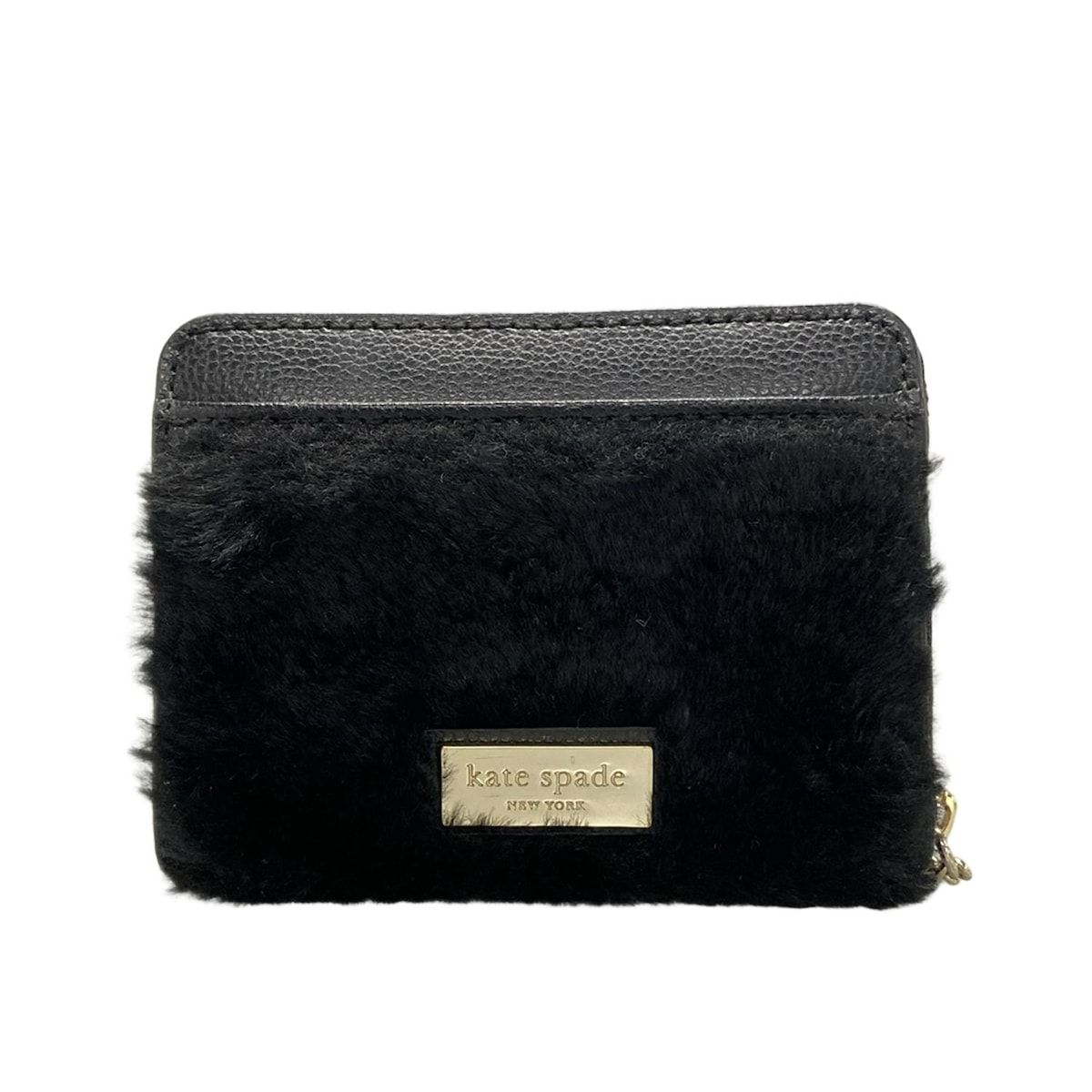 Kate spade ケイトスペード 財布 - 黒 ラウンドファスナー ファー ネコ ラインストーン レザー
