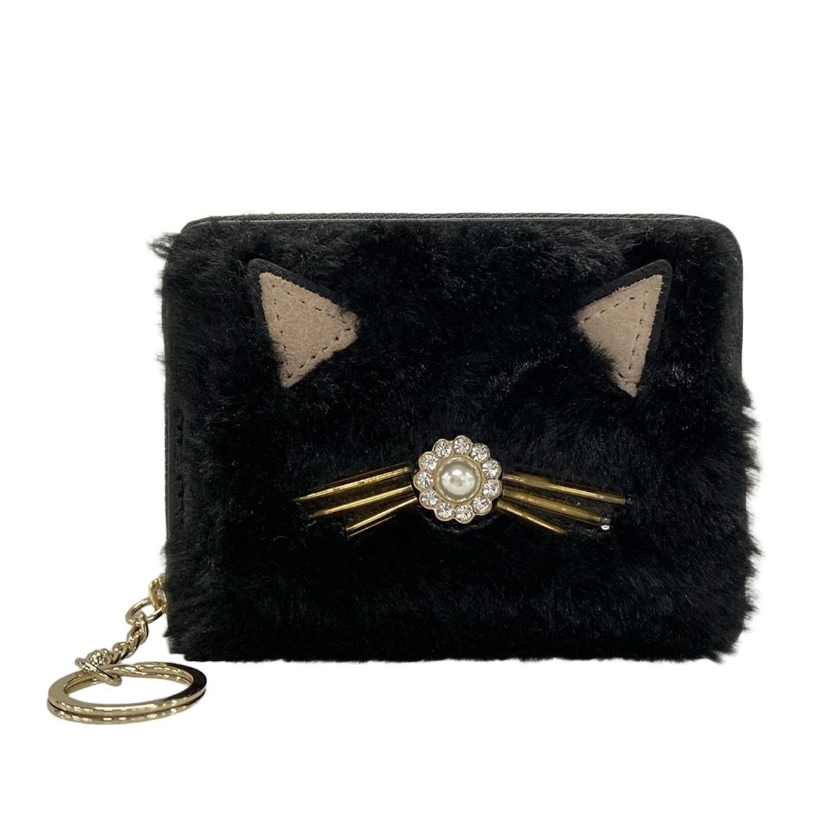 Kate spade ケイトスペード 財布 - 黒 ラウンドファスナー ファー ネコ ラインストーン レザー ファー