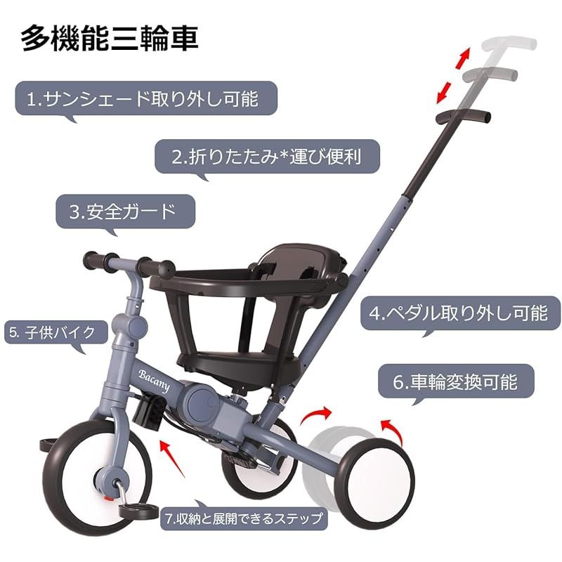 Bacany 子供用三輪車 7in1 三輪車 ステップ付き 折りたたみ 手押し棒