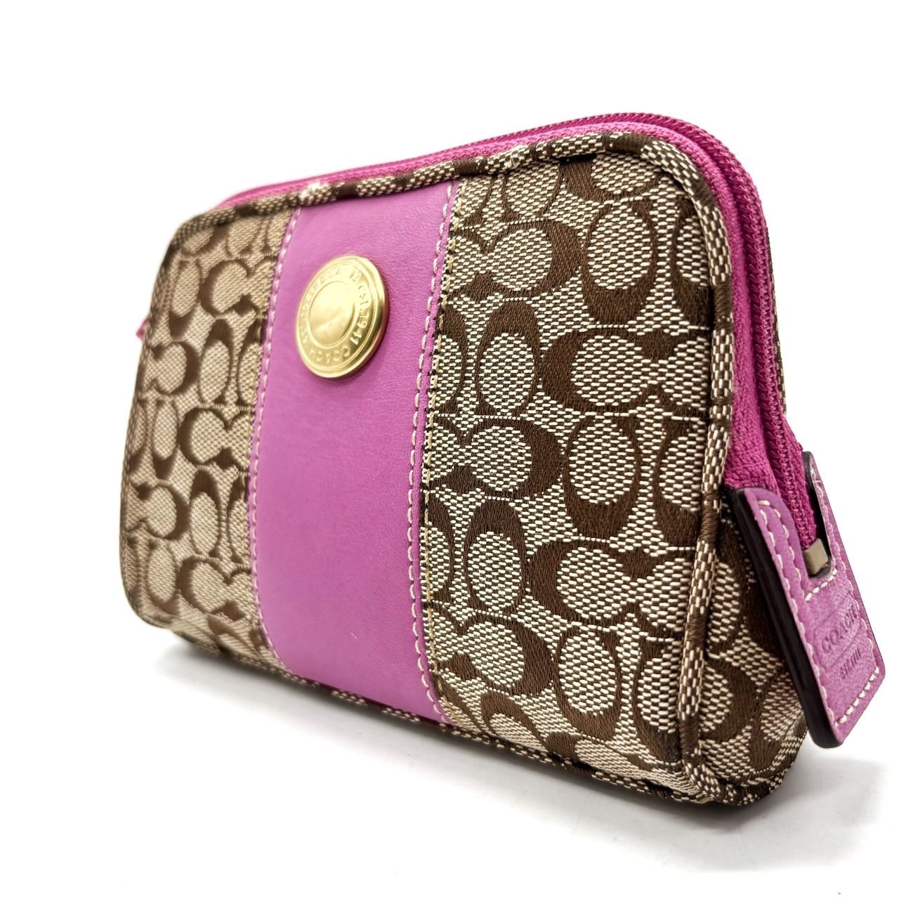 良品】 COACH コーチ シグネチャー ポーチ レザー 革 ベージュ ユニ 