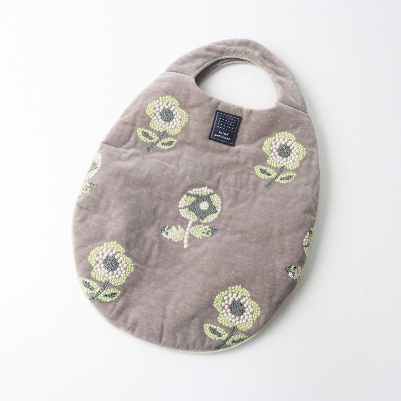 ミナペルホネン mina perhonen chum egg bag エッグバッグ グレー 刺繍 コットン ベルベット フラワー 花 ハンドバッグ 2400014677881