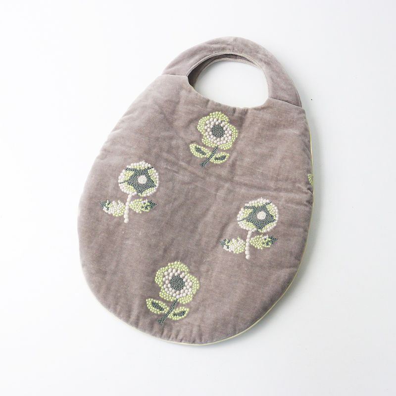 ミナペルホネン mina perhonen chum egg bag エッグバッグ グレー 刺繍 コットン ベルベット フラワー 花 ハンドバッグ 2400014677881