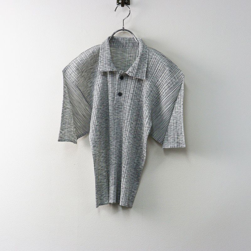 プリーツプリーズ イッセイミヤケ PLEATS PLEASE ISSEY MIYAKE ジオメトリックプリント 半袖 ポロシャツ 3｜ライトグレー 2400014686104