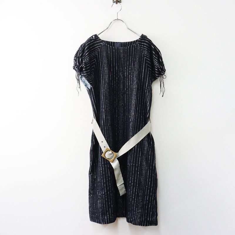ミナペルホネン mina perhonen field lane ストライプ ワンピース 36｜ネイビー ドレス ウール ベルト 2400014685008