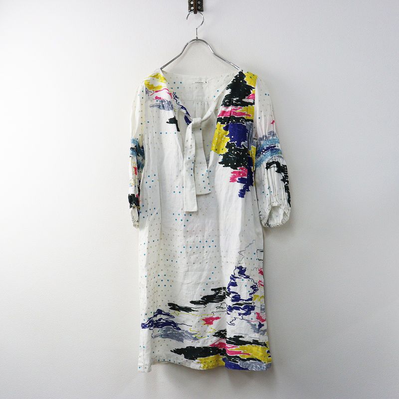 ミナペルホネン mina perhonen mirage リボン ワンピース 36|ホワイト カラフル ドット 水玉 ドレス 2400014684964