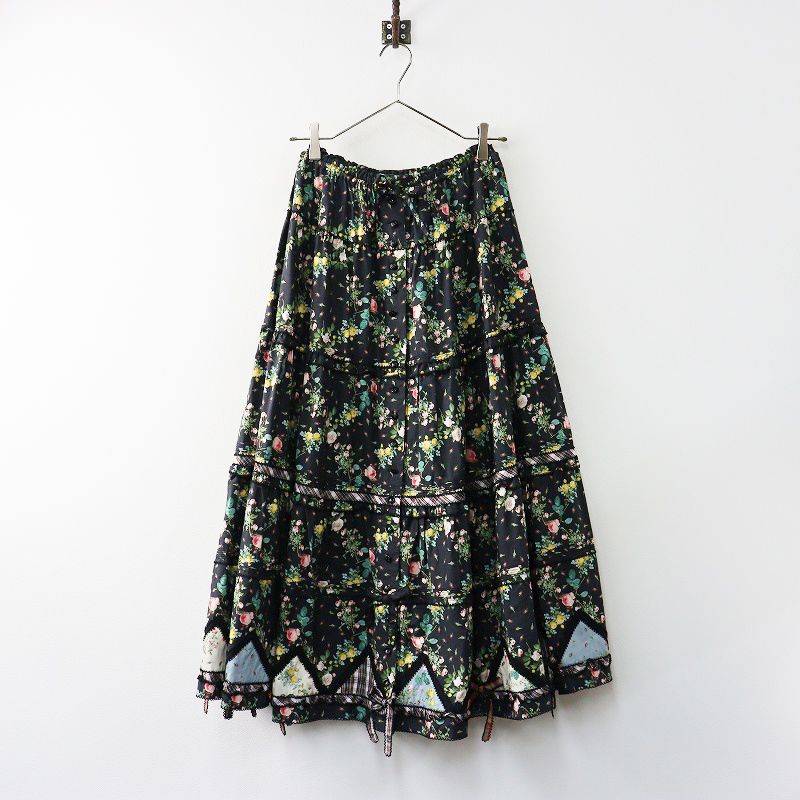 豪華 2018秋冬人気 ピンクハウス PINK HOUSE ルドゥーテ小バラのパッチワークスカート ブラック┃小花 薔薇 2400014676792