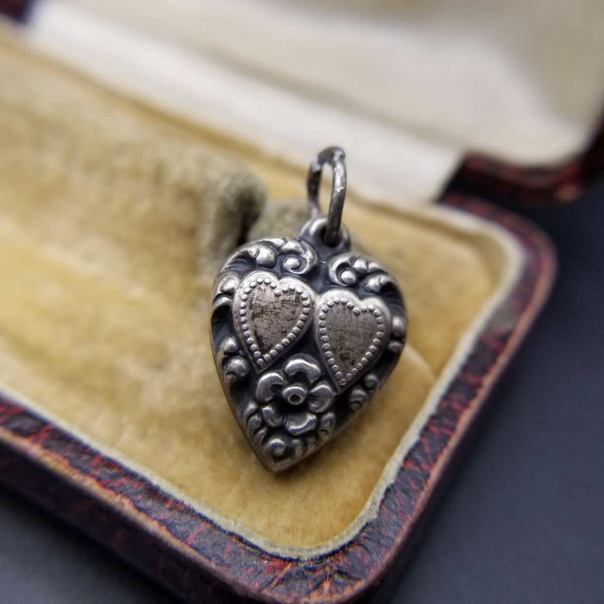 WWII期 ヴィンテージ スウィートハートジュエリー ダブルハート 勿忘草 チャーム 925 シルバー ペンダントヘッド 銀 レトロ Y25-D