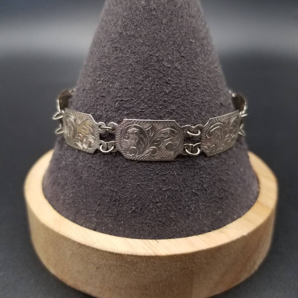 1975年 英国 ヴィンテージ フローラル エッチング パネルチェーン ブレスレット 925 シルバー 銀 Birmingham Import マーク Y 24-P