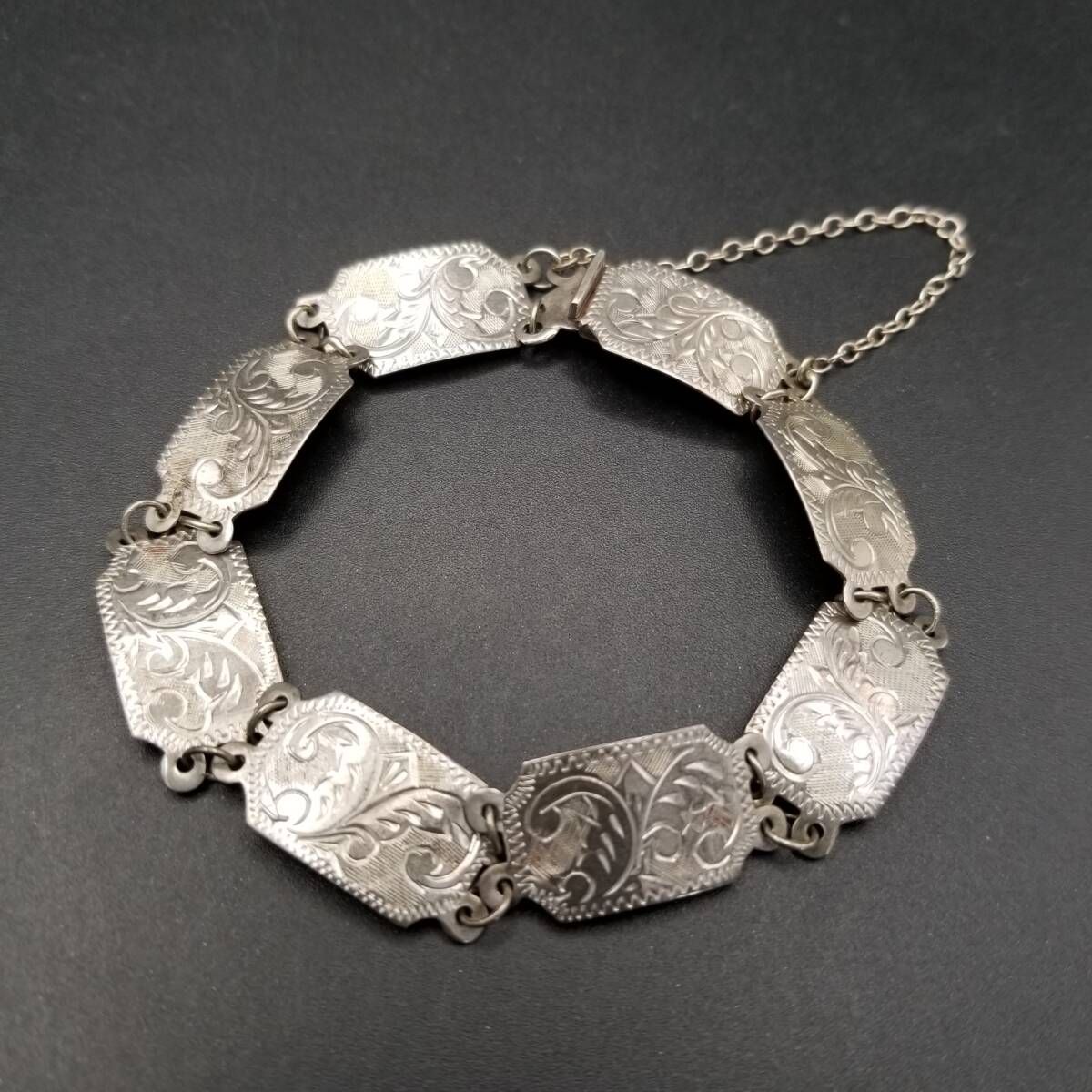 1975年 英国 ヴィンテージ フローラル エッチング パネルチェーン ブレスレット 925 シルバー 銀 Birmingham Import マーク Y24-P