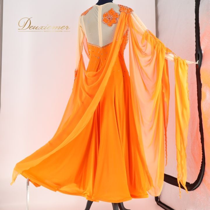 日本製　白樺ドレス　社交ダンス　スタンダード　モダン　ドレス　衣装　オレンジ 試着・レンタル・購入】社交ダンスドレス オレンジ×黒 MLサイズ