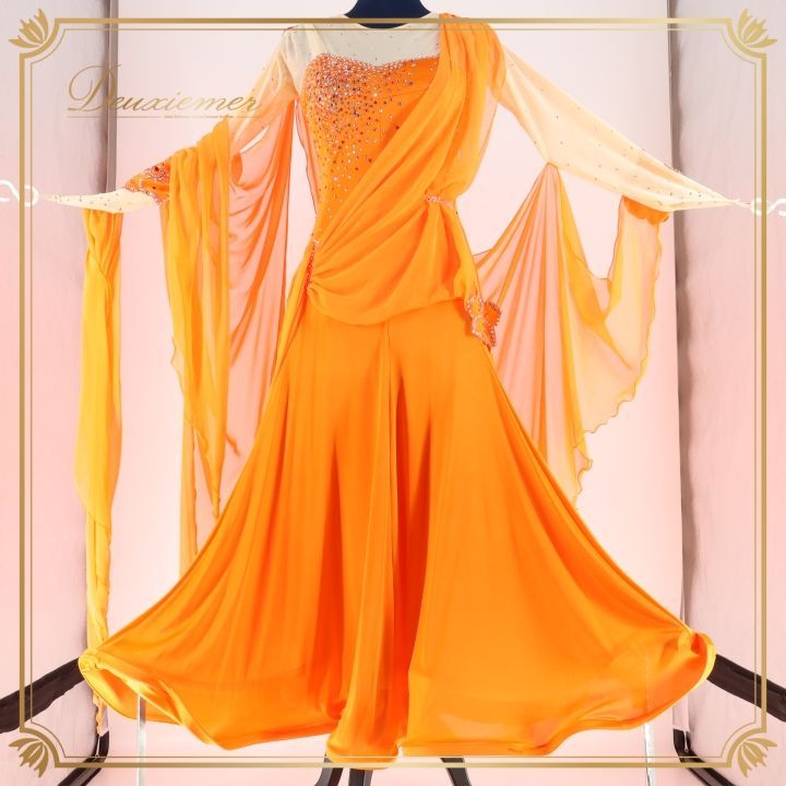 新品★ダンスドレス★スタンダード★社交ダンス★競技会★パーティー★黄緑&オレンジ 楽天市場】社交ダンス衣装 社交ダンス ドレス ダンス衣装 初心者 練習