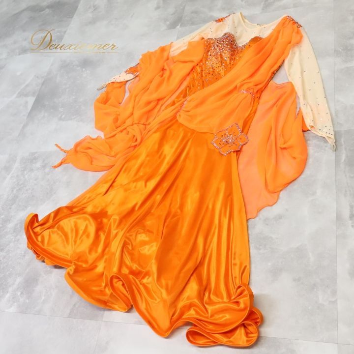 スタンダードドレス　鮮やかオレンジ スタンダードドレス WS0651D レッド L 社交ダンス モダンドレス ボール