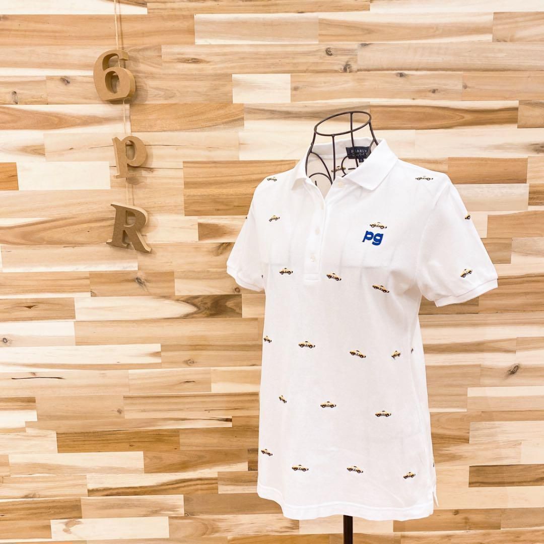 パーリーゲイツ PG刺繍ロゴ車カー ポロシャツ総柄 GOLFゴルフ M 白×黄